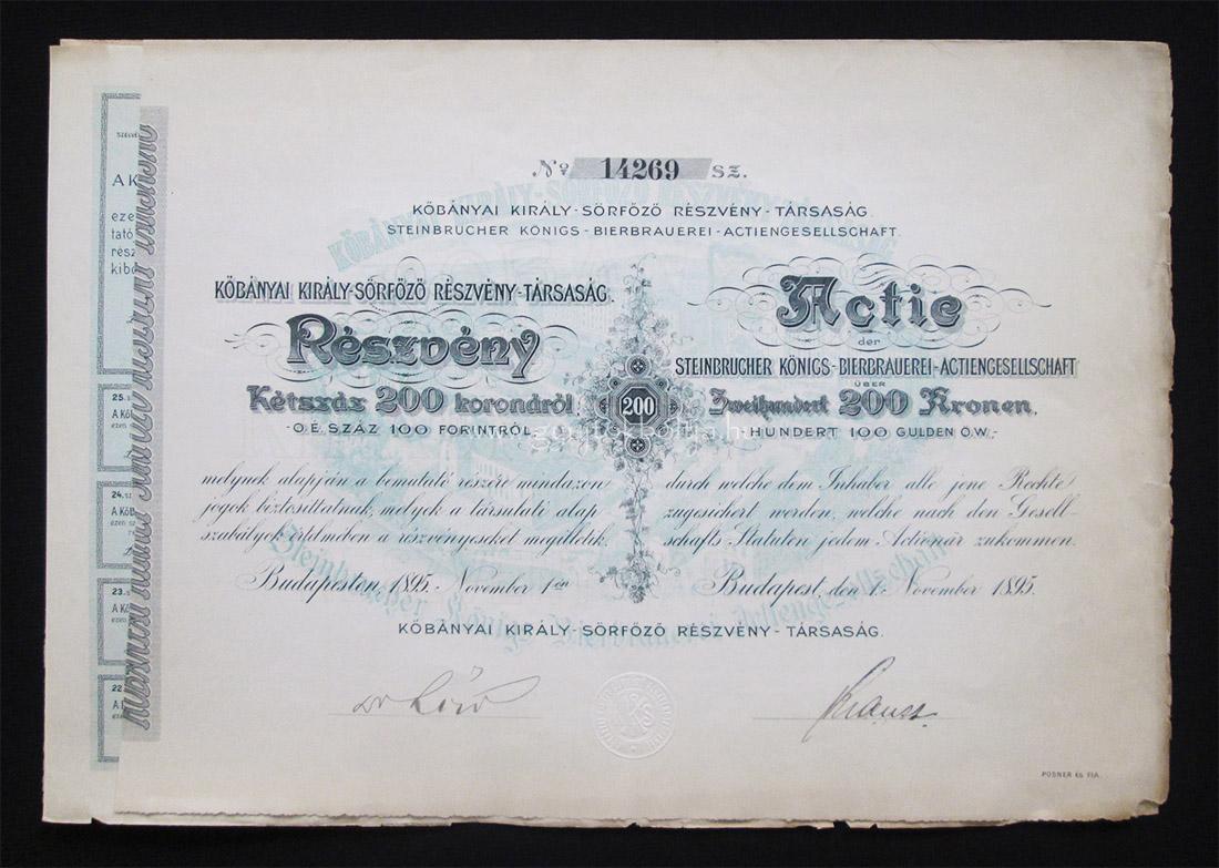 Kbnyai Kirly-Srfz Rszvnytrsasg rszvny 200 korona 1895